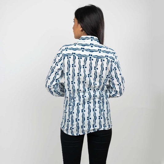 Sanskriti Vintage 100% Pure Cotton Casual Hand Block Printed Blue & White Full Sleeve Shirt
