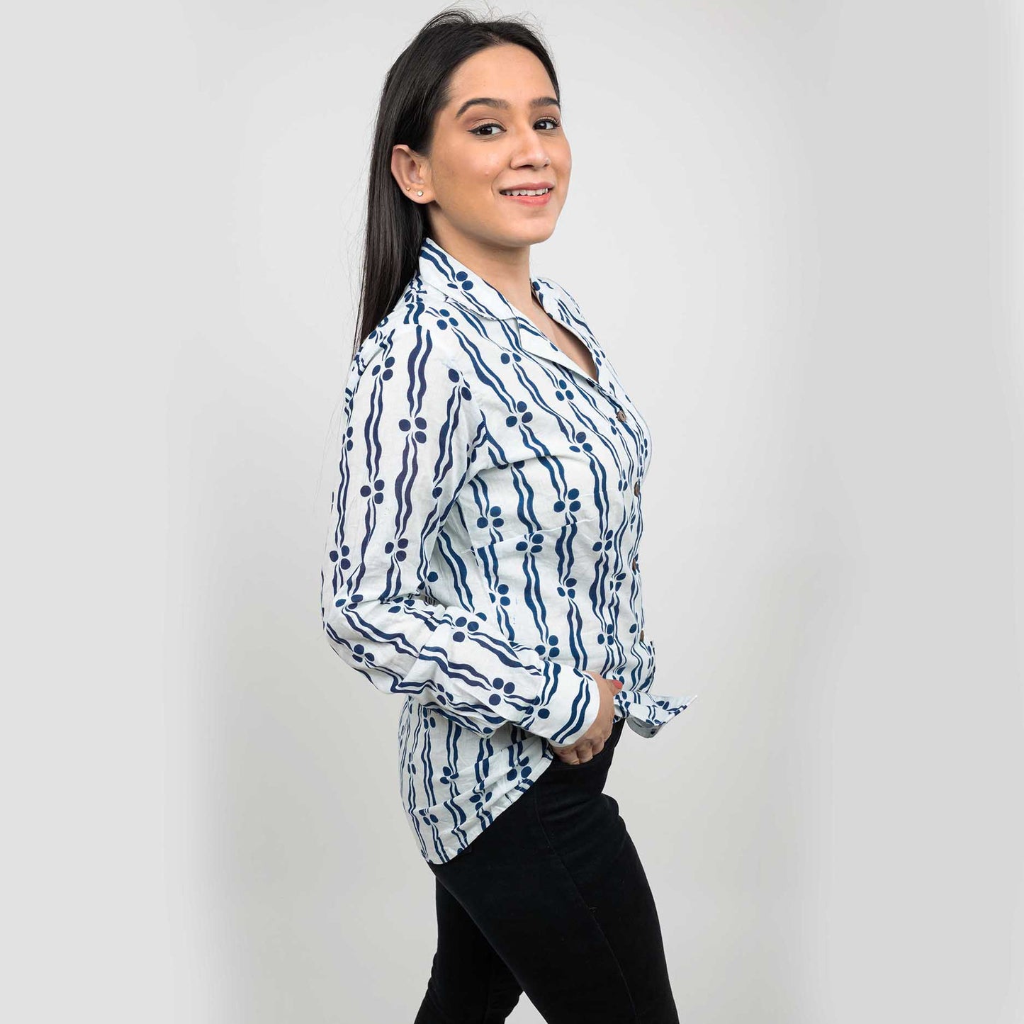 Sanskriti Vintage 100% Pure Cotton Hand Block Printed Blazer Collar White Full Sleeve Shirt