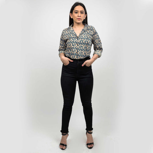 Sanskriti Vintage 100% Pure Cotton Hand Block Paisley Print Blazer Collar Full Sleeve Shirt