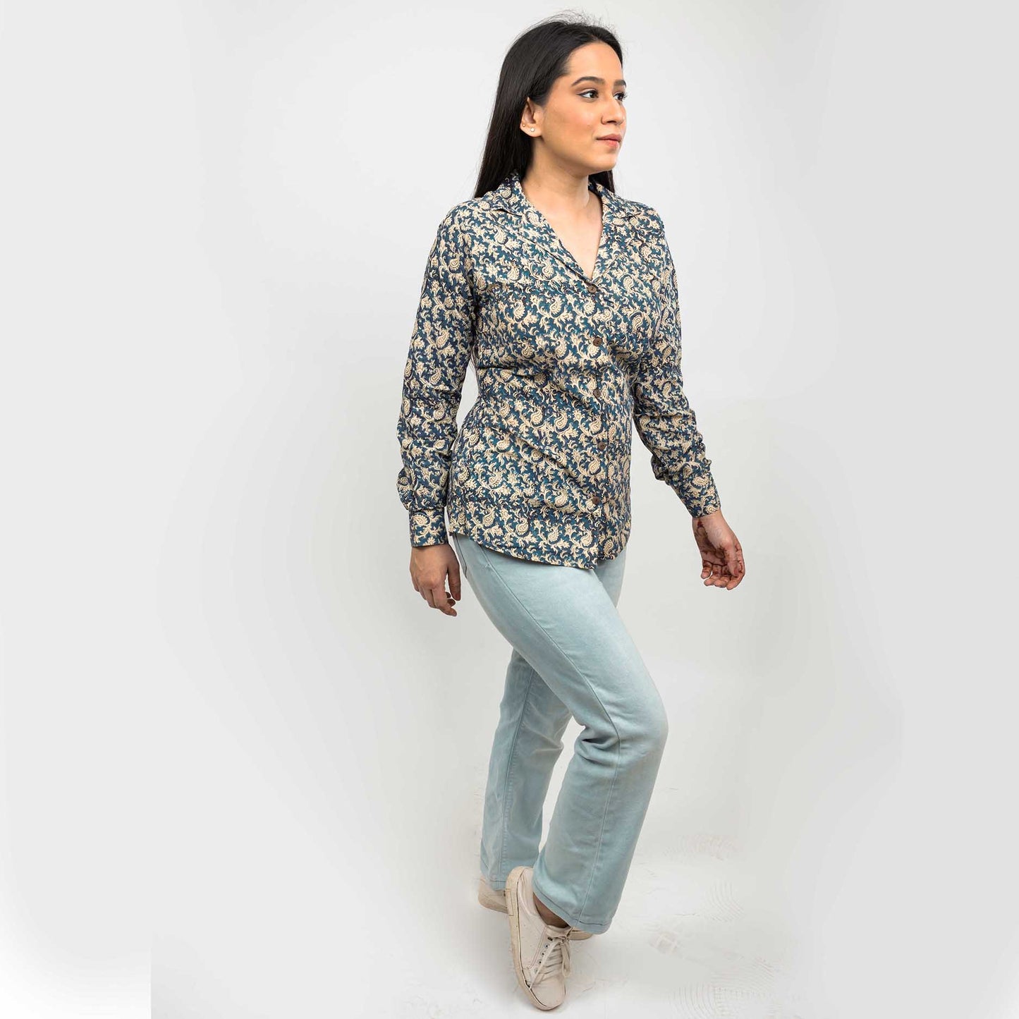 Sanskriti Vintage 100% Pure Cotton Hand Block Paisley Print Blazer Collar Full Sleeve Shirt