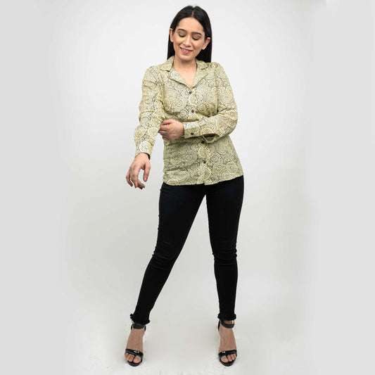 Sanskriti Vintage 100% Pure Cotton Hand Block Mandala Print Blazer Collar Full Sleeve Shirt