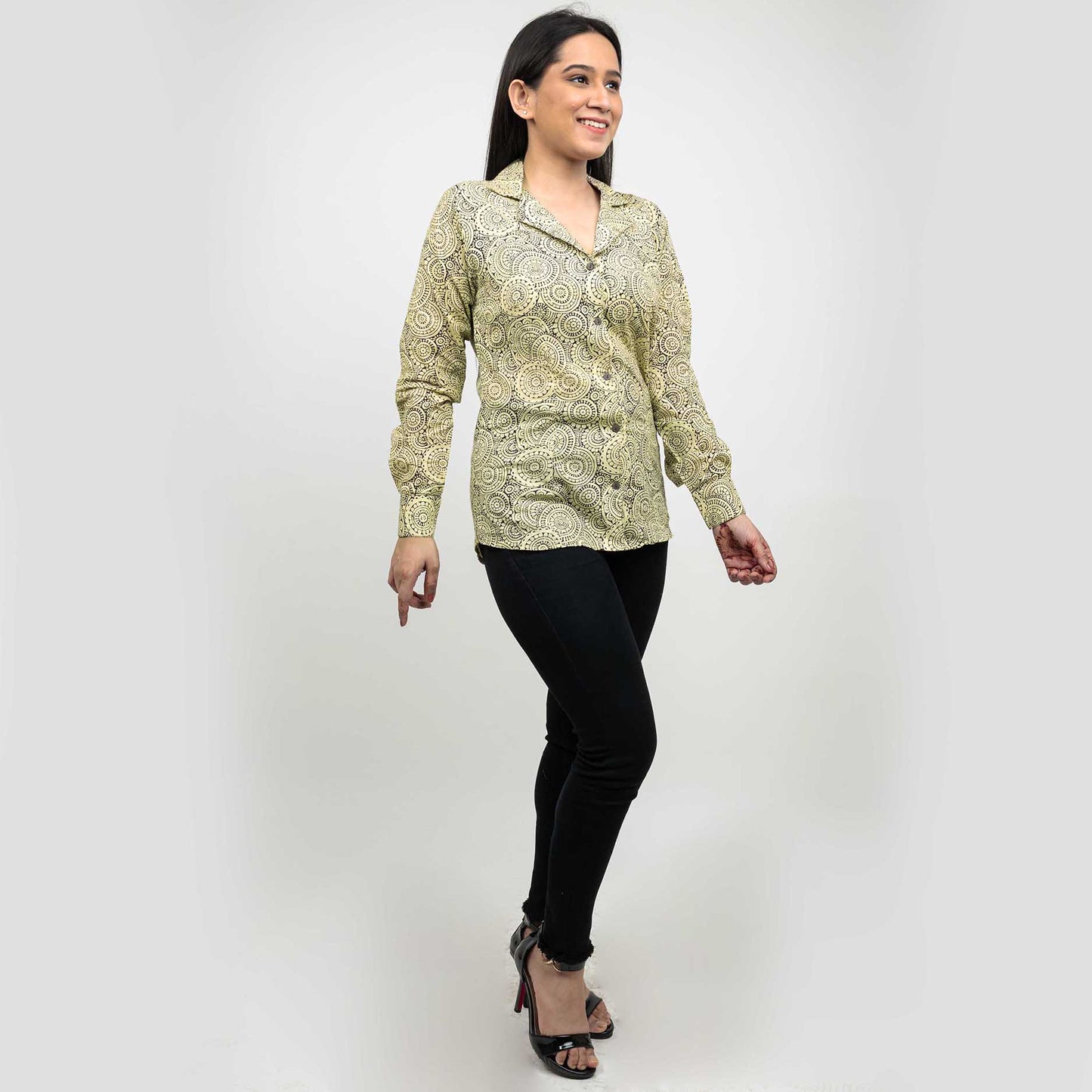 Sanskriti Vintage 100% Pure Cotton Hand Block Mandala Print Blazer Collar Full Sleeve Shirt