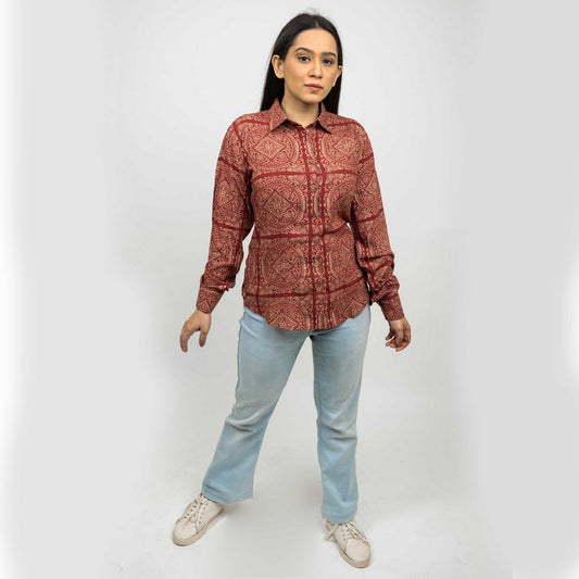 Sanskriti Vintage Dark Red Printed Cotton Modal Floral Casual Full Sleeves Shirts