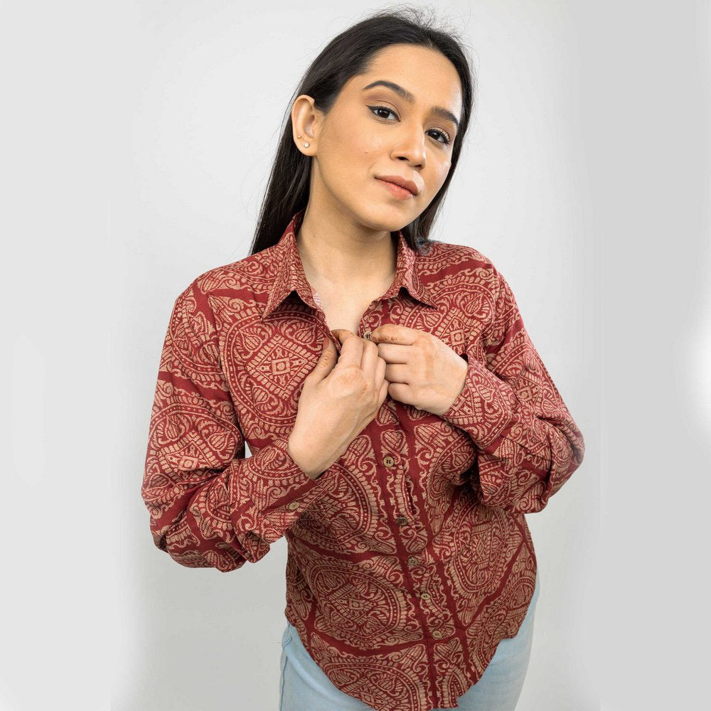 Sanskriti Vintage Dark Red Printed Cotton Modal Floral Casual Full Sleeves Shirts