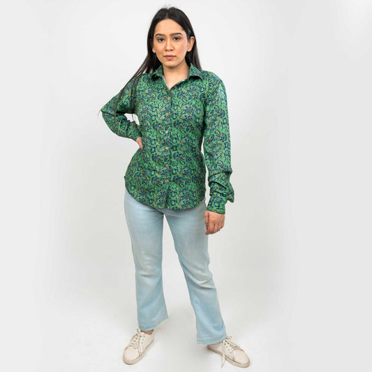 Sanskriti Vintage Green Printed Viscose Rayon Floral Casual Full Sleeves Shirts