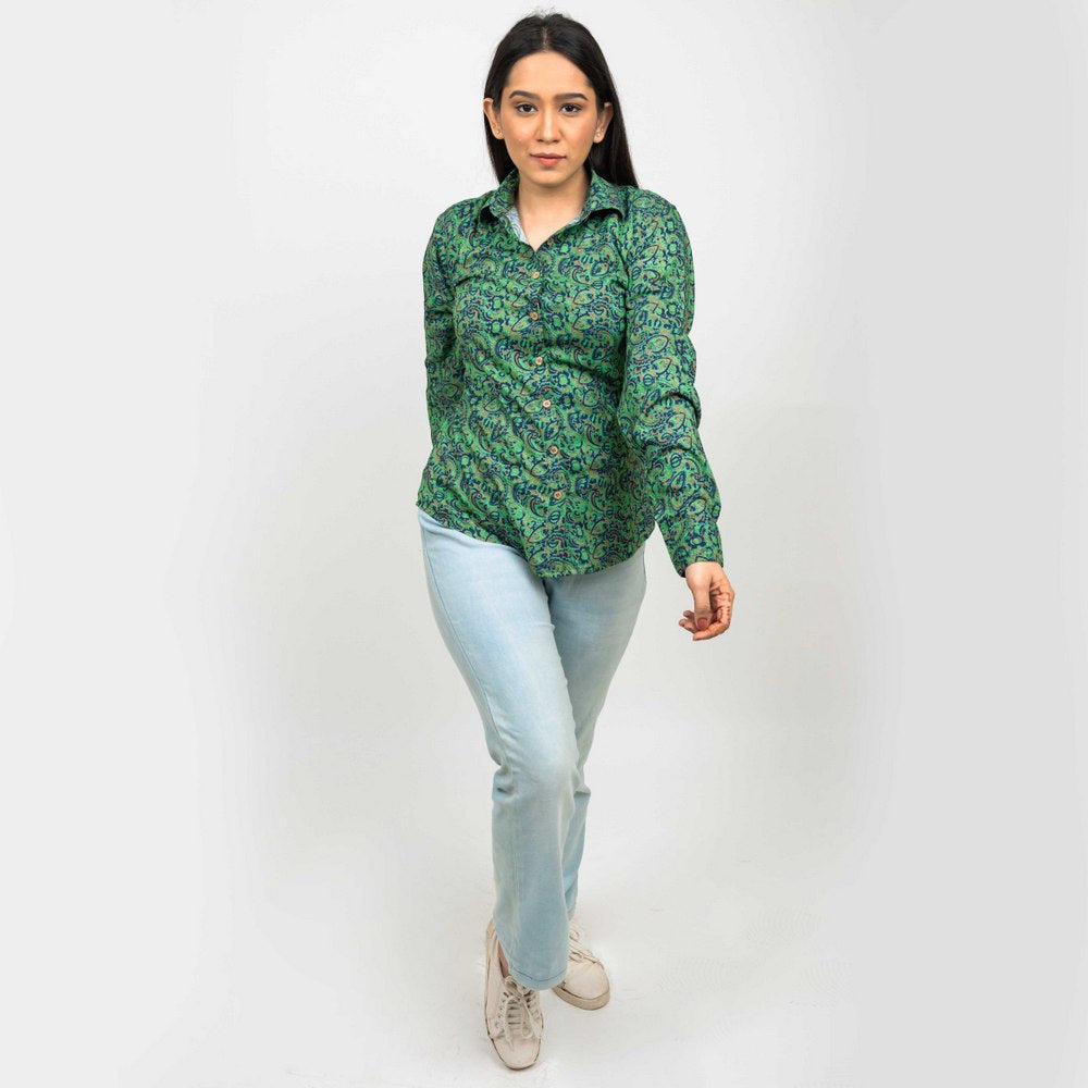 Sanskriti Vintage Green Printed Viscose Rayon Floral Casual Full Sleeves Shirts