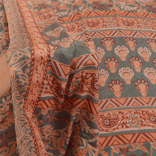 Sanskriti Vintage Peach Indian Sarees Moss Crepe Printed Sari Soft Craft Sustainable Fabric