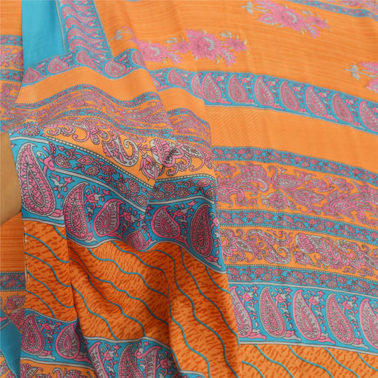 Sanskriti Vintage Peach Indian Sarees Moss Crepe Printed Sari 5YD Craft Sustainable Fabric