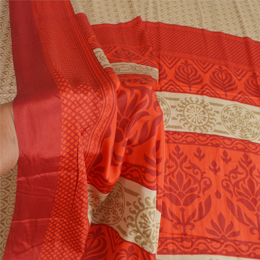 Sanskriti Vintage Beige Indian Sarees Moss Crepe Printed Sari Soft Craft Sustainable Fabric