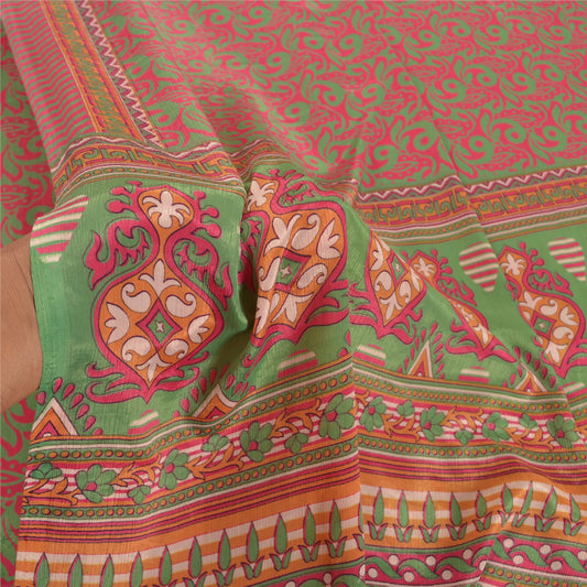 Sanskriti Vintage Red Indian Sarees Moss Crepe Printed Floral Sari 5YD Sustainable Fabric