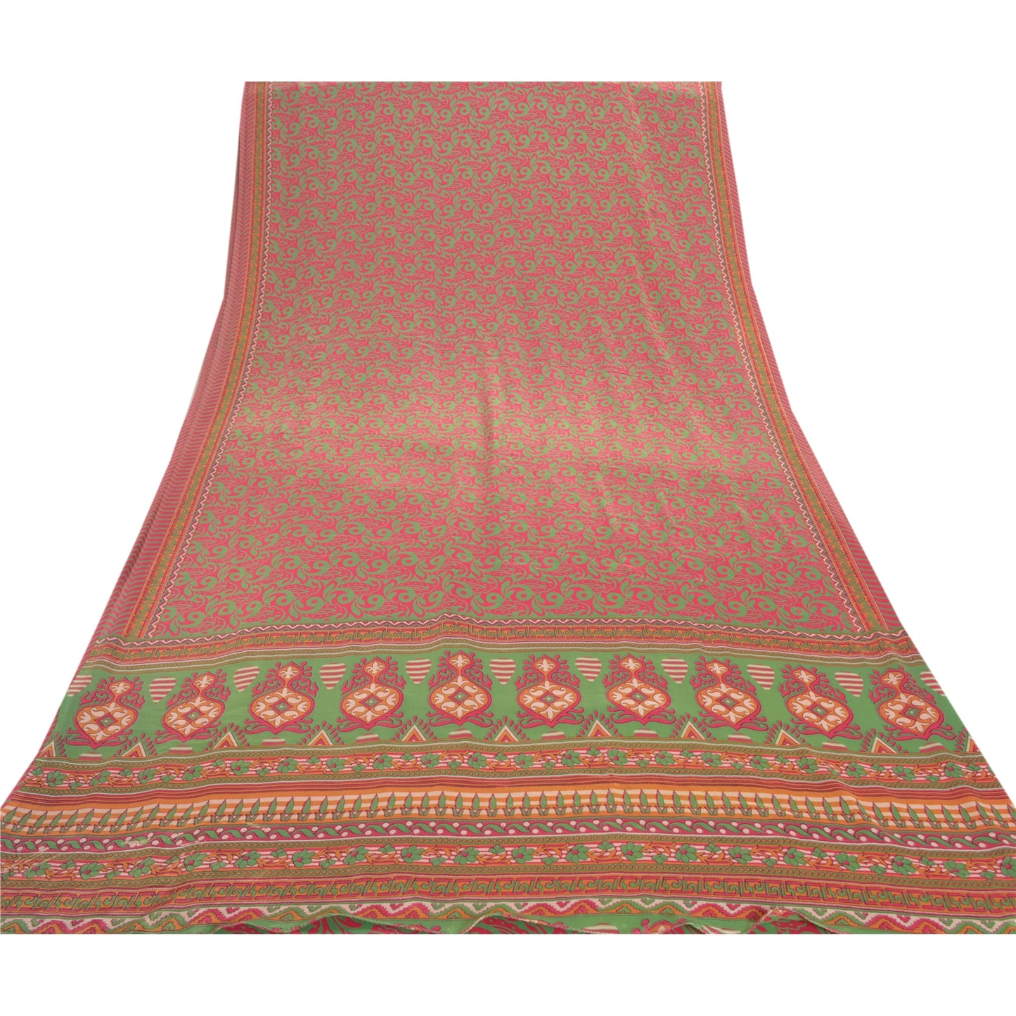 Sanskriti Vintage Red Indian Sarees Moss Crepe Printed Floral Sari 5YD Sustainable Fabric