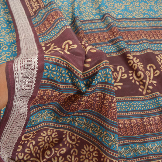 Sanskriti Vintage Blue Sarees Moss Crepe Floral Printed Sari Soft Craft Sustainable Fabric