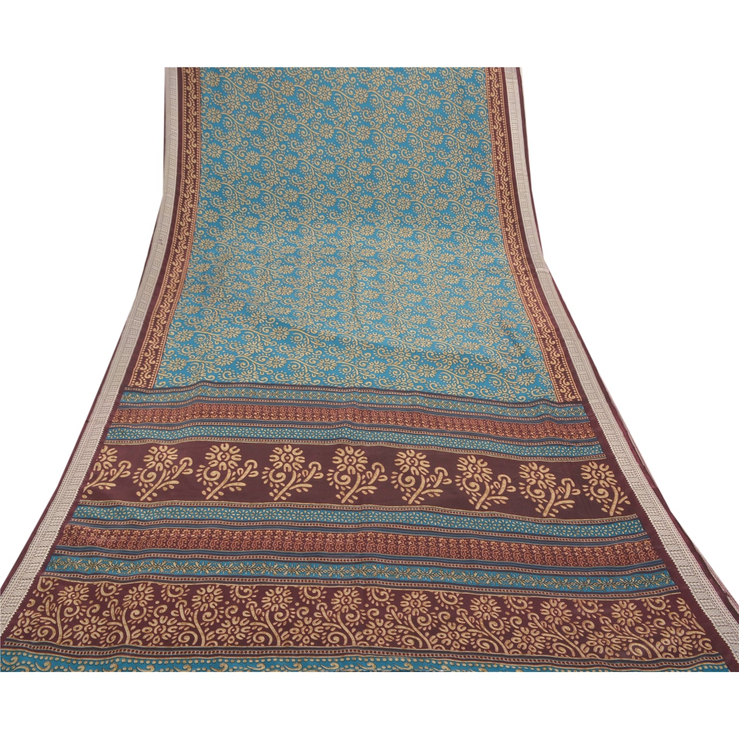 Sanskriti Vintage Blue Sarees Moss Crepe Floral Printed Sari Soft Craft Sustainable Fabric