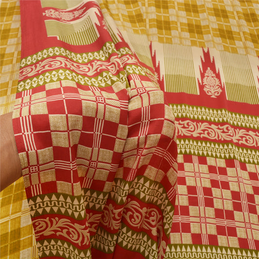 Sanskriti Vintage Mustard Green Sarees Moss Crepe Printed Sari 5YD Craft Sustainable Fabric