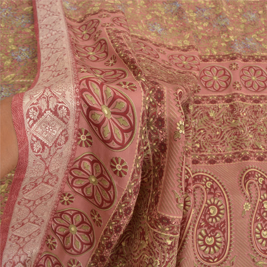 Sanskriti Vintage Red Indian Sarees Moss Crepe Printed Sari 5YD Craft Sustainable Fabric