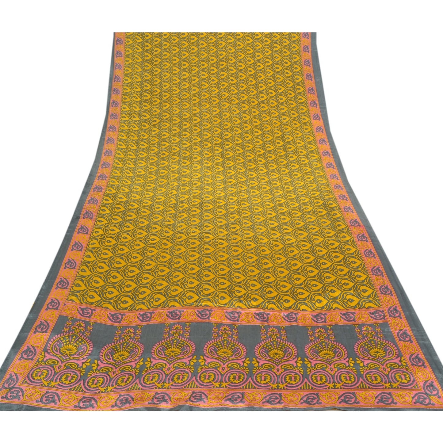 Sanskriti Vintage Yellow Sarees Moss Crepe Floral Printed Sari Soft Craft Sustainable Fabric