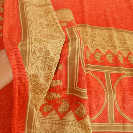 Sanskriti Vintage Red Sarees Moss Crepe Printed Sari Floral 5 YD Craft Sustainable Fabric