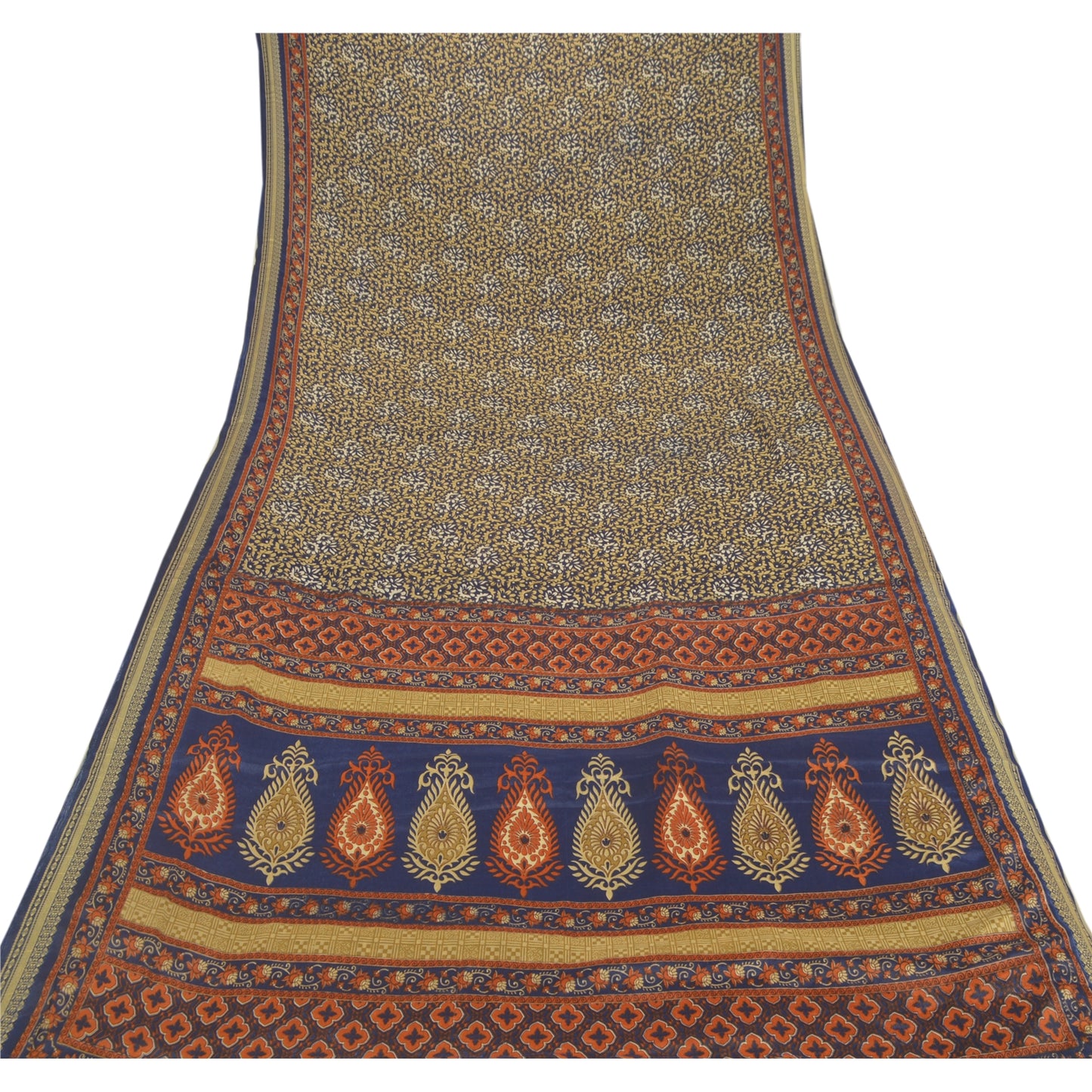 Sanskriti Vintage Blue Sarees Moss Crepe Printed Sari Floral 5yd Craft Sustainable Fabric