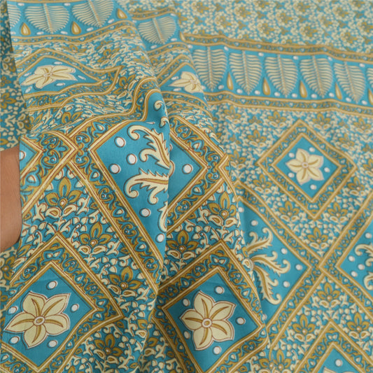 Sanskriti Vintage Indian Blue Sarees Moss Crepe Printed Sari Decor Craft Sustainable Fabric