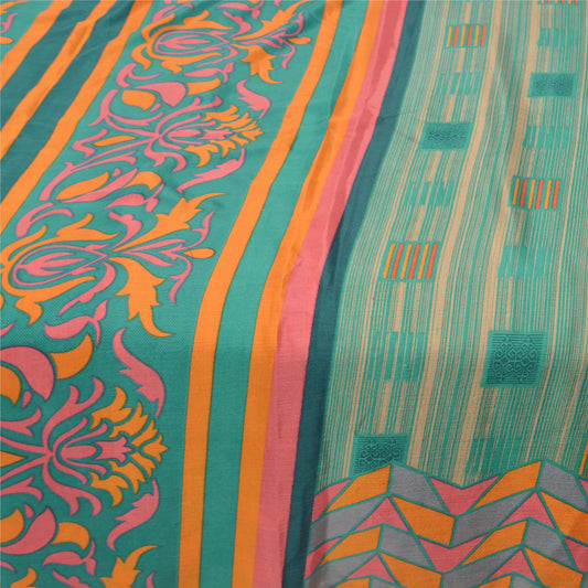 Sanskriti Vintage Green Sarees Moss Crepe Floral Printed Sari 5YD Craft Sustainable Fabric