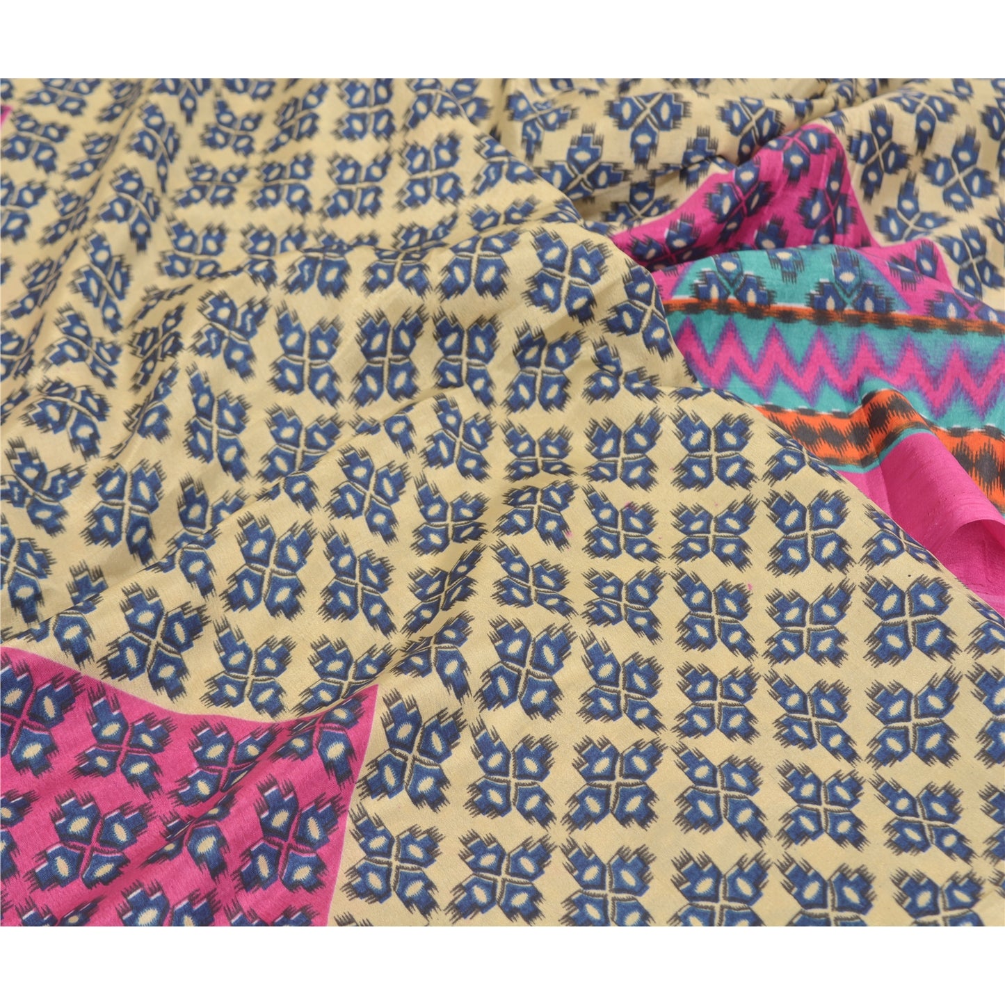 Sanskriti Vintage Cream Indian Sarees Moss Crepe Printed Sari Soft Craft Sustainable Fabric