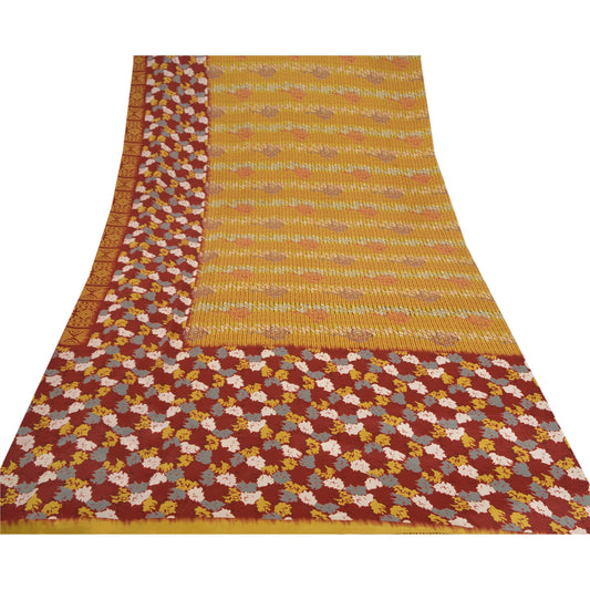 Sanskriti Vintage Mustard Sarees Moss Crepe Floral Printed Craft Sustainable Fabric Sari
