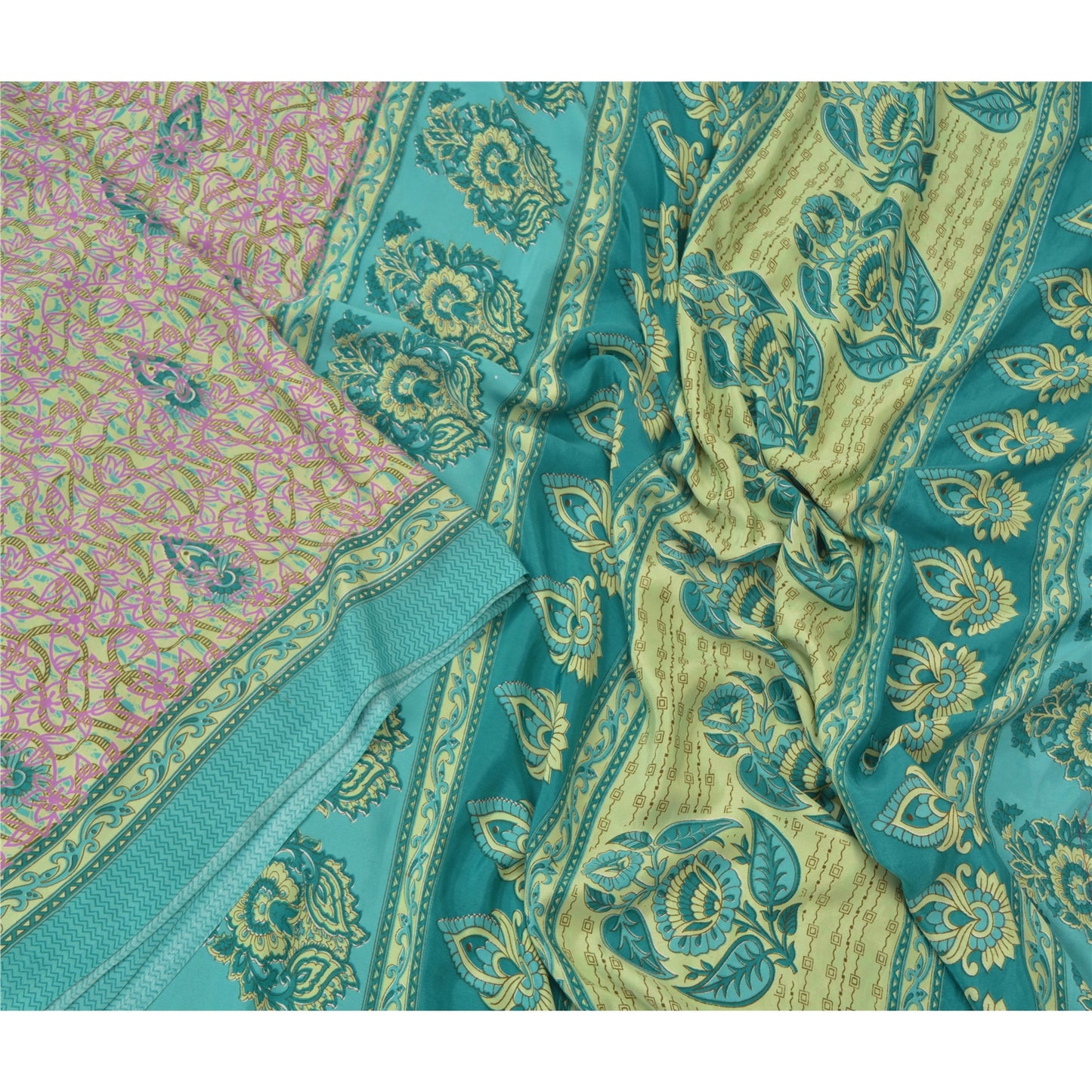 Sanskriti Vintage Green Saree Moss Crepe Floral Printed Craft Sustainable Fabric Sari