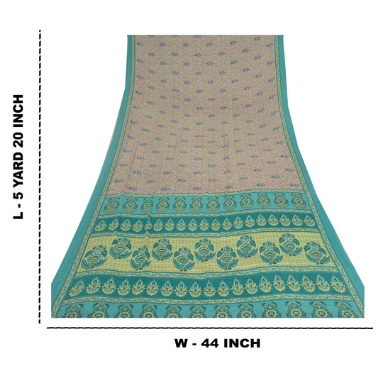 Sanskriti Vintage Grøn Sari Mos Crepe Blomsterprint Håndværk Bæredygtigt Stoff Sari