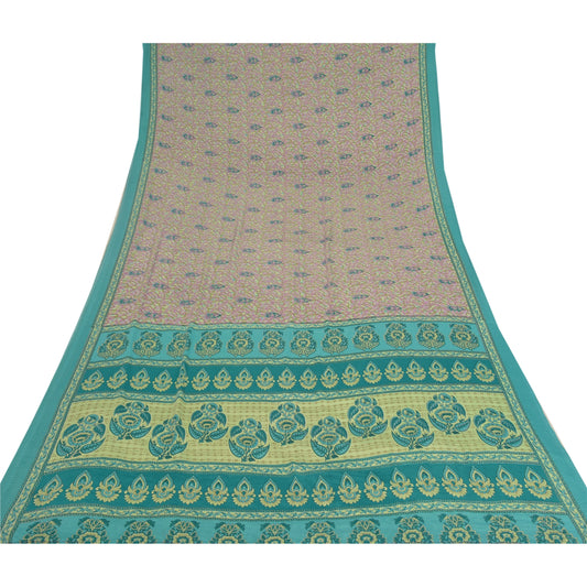 Sanskriti Vintage Grøn Sari Mos Crepe Blomsterprint Håndværk Bæredygtigt Stoff Sari