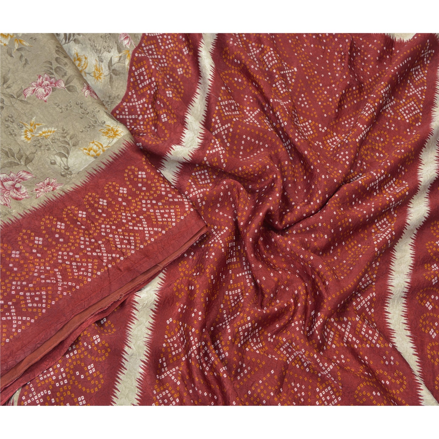 Sanskriti Vintage Pale Cream Saree Moss Crepe Floral Printed Craft Sustainable Fabric Sari