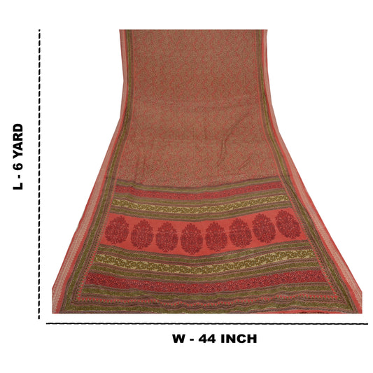 Sanskriti Vintage Koral Sarier Mos Crepe Blomsterprint Håndværksmæssigt Bæredygtigt Stoff Sari