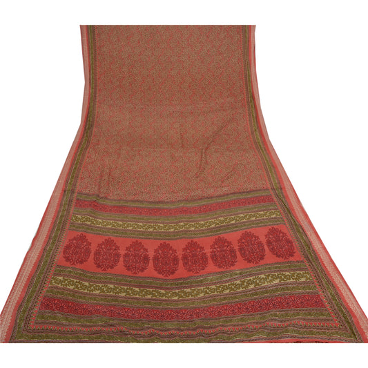 Sanskriti Vintage Koral Sarier Mos Crepe Blomsterprint Håndværksmæssigt Bæredygtigt Stoff Sari