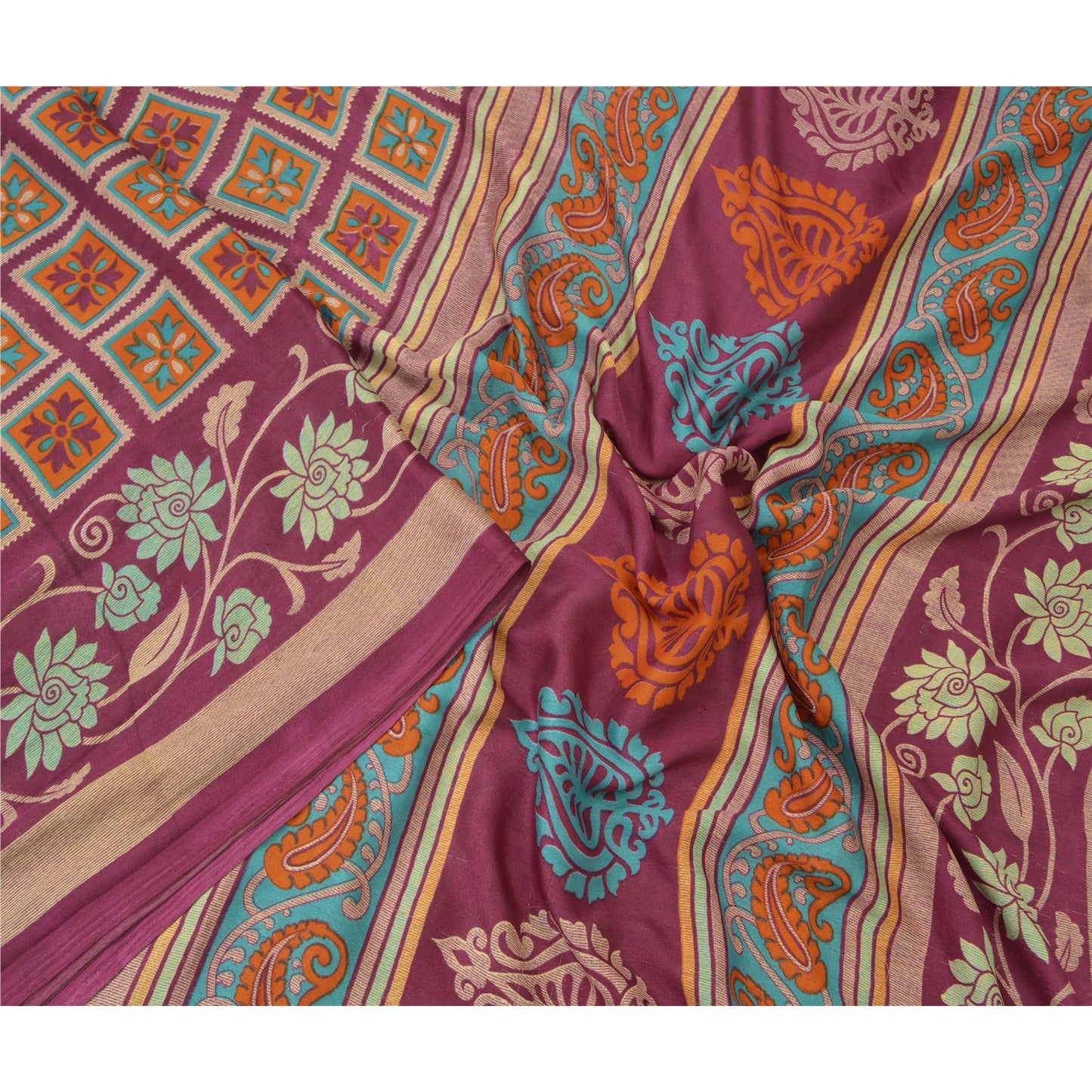 Санскритские винтажные фиолетовые сари из крепа с цветочным принтом из мохового мха, сари из экологически чистой ткани