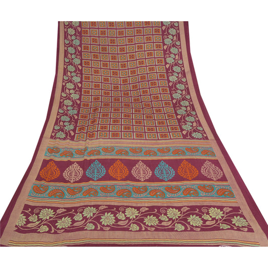Sanskriti Vintage Lilla Sarier Mos Crepe Blomsterprint Håndværksmæssigt Bæredygtigt Stoff Sari