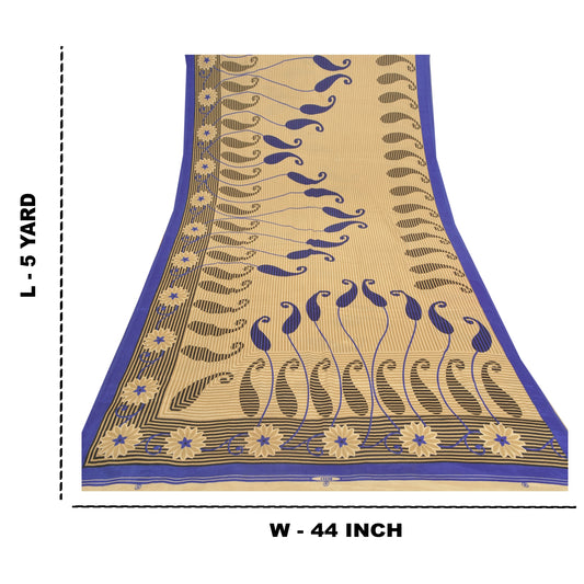Sanskriti Vintage Fawn Sarier Mos Crepe Blomsterprint Håndværksmæssigt Bæredygtigt Stoff Sari
