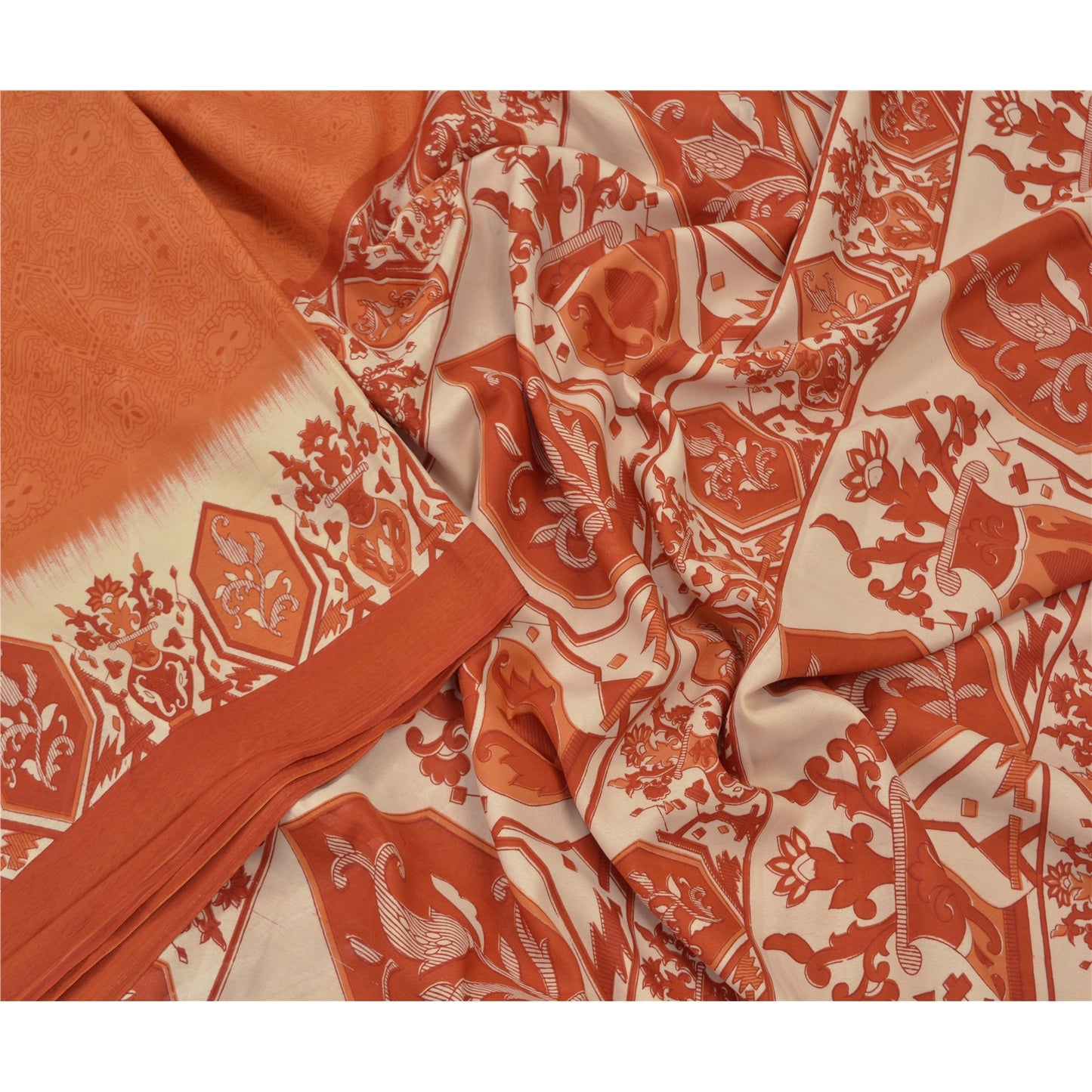 Sanskriti Vintage Orange Sarees Moss Crepe Floral Printed Craft Sustainable Fabric Sari