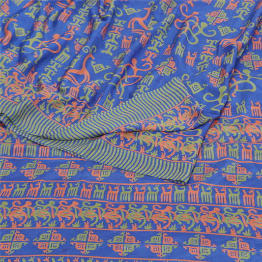 Sanskriti Vintage Blue Sarees Moss Crepe Printed Craft 5 Yard Sustainable Fabric Sari