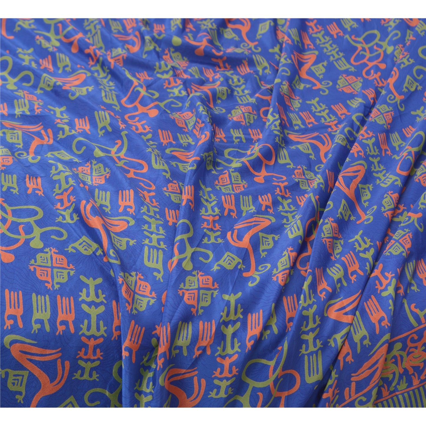 Sanskriti Vintage Blue Sarees Moss Crepe Printed Craft 5 Yard Sustainable Fabric Sari