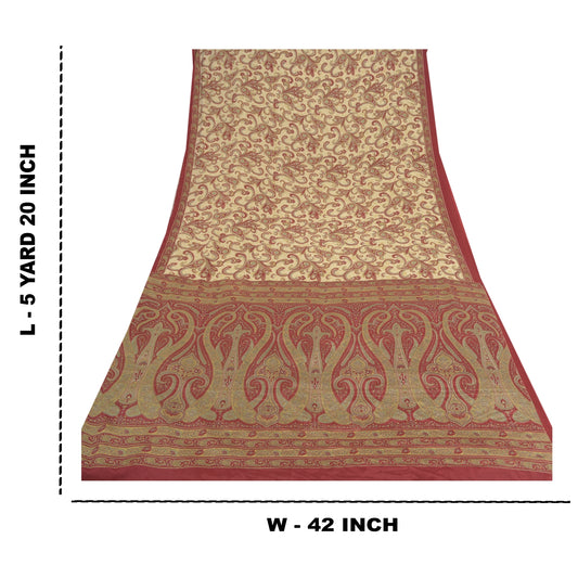Sanskriti Vintage Creme Sarier i Mos Crepe Blomsterprint Håndværksmæssigt Bæredygtigt Stoff Sari