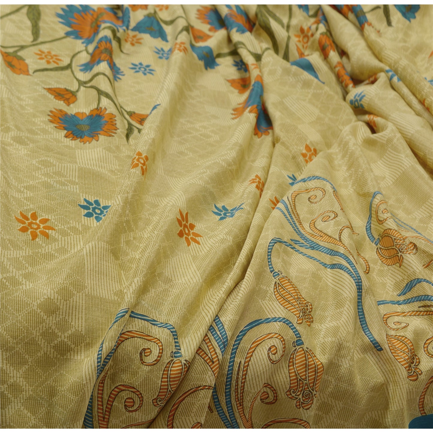 Sanskriti Vintage Cream Sarees Moss Crepe Floral Printed Craft Sustainable Fabric Sari