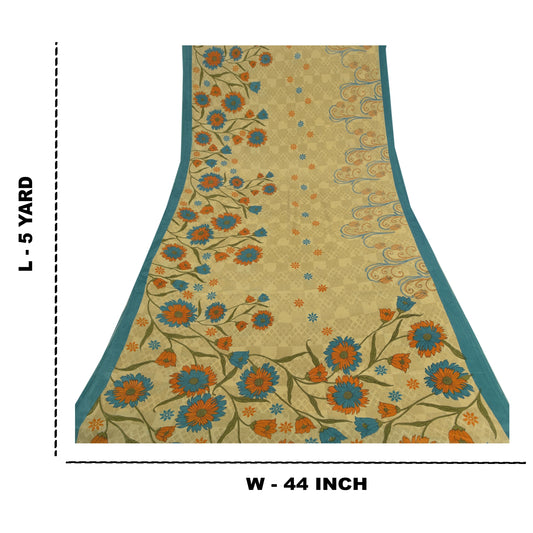 Sanskriti Vintage Cream Sarees Moss Crepe Floral Printed Craft Sustainable Fabric Sari