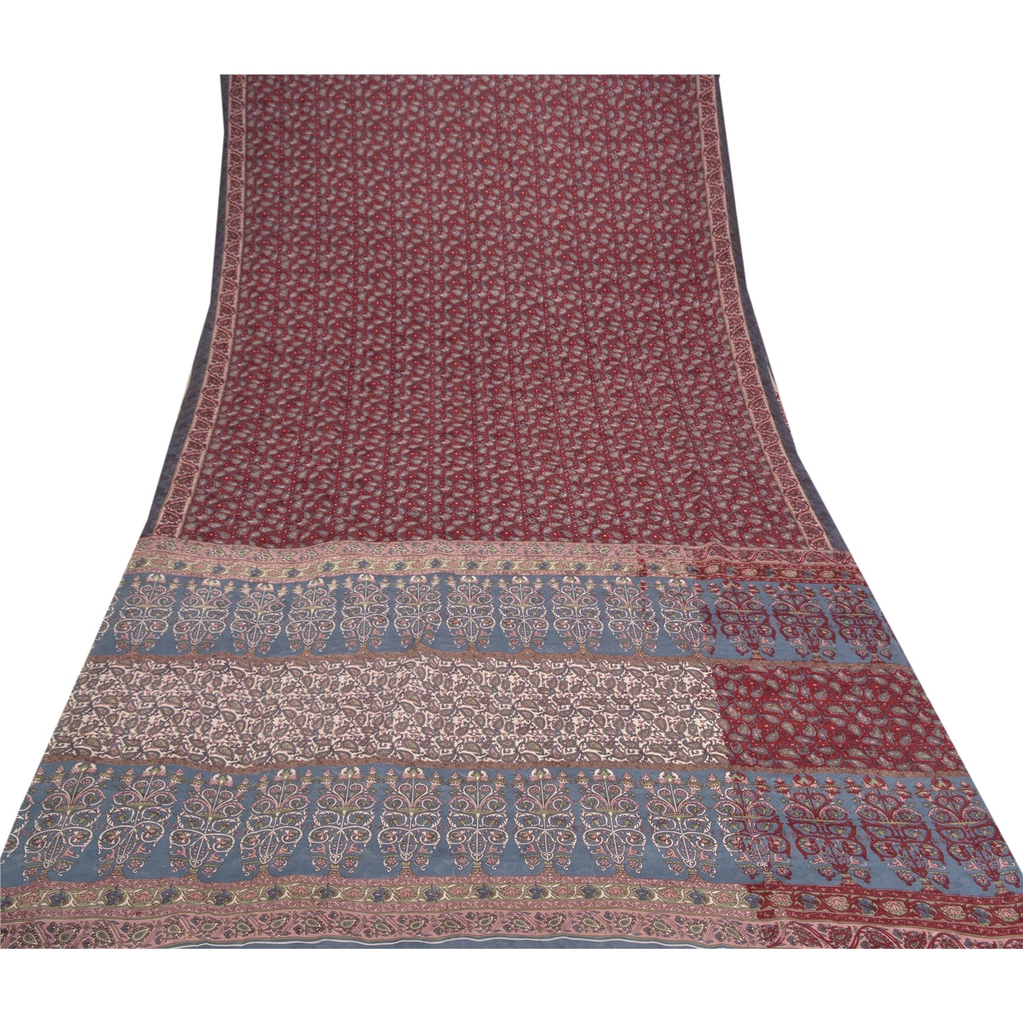 Sanskriti Vintage Dark Red Sarees Moss Crepe Floral Printed Craft Sustainable Fabric Sari