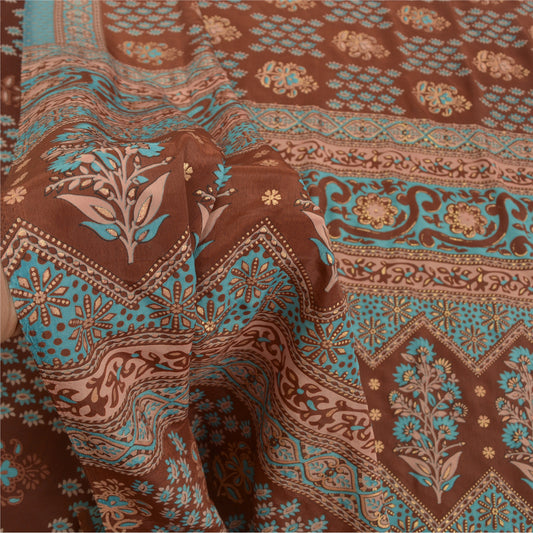 Санскритские винтажные коричневые сари из крепа с цветочным принтом из мохового мха сари из экологически чистой ткани