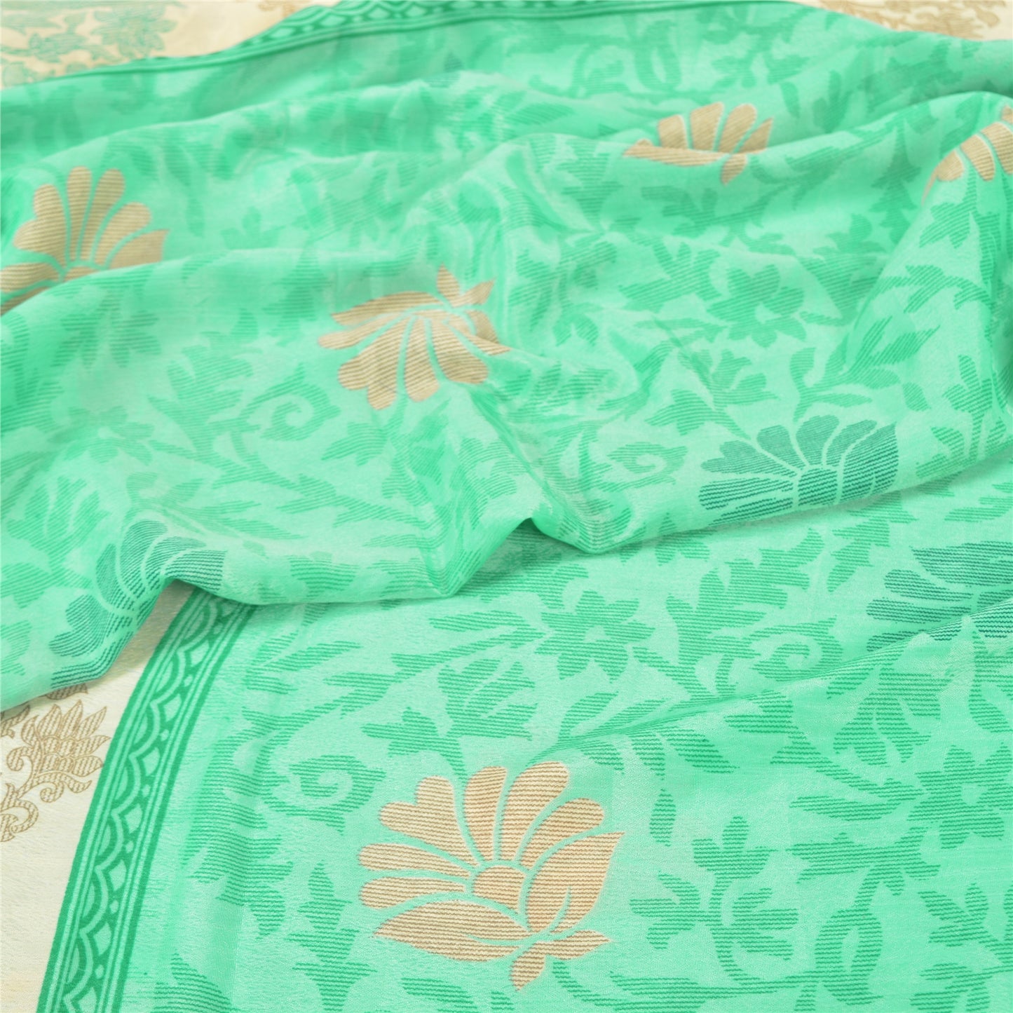 Sanskriti Vintage Green Sarees Moss Crepe Floral Printed Craft Sustainable Fabric Sari