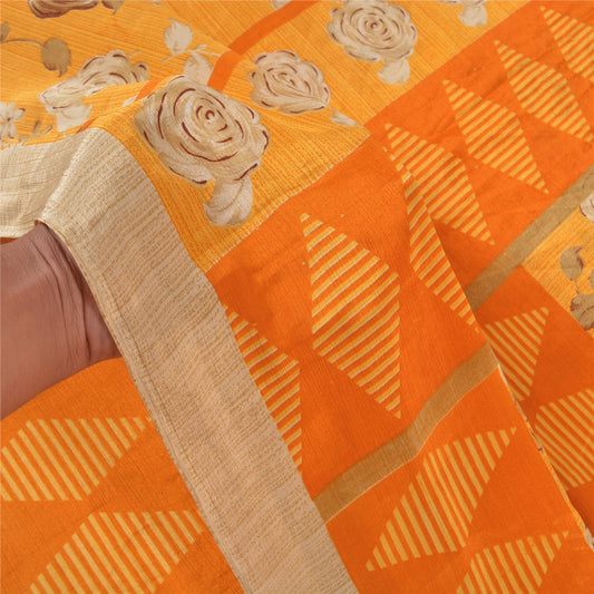 Sanskriti Vintage Yellow Sarees Moss Crepe Floral Printed Craft Sustainable Fabric Sari