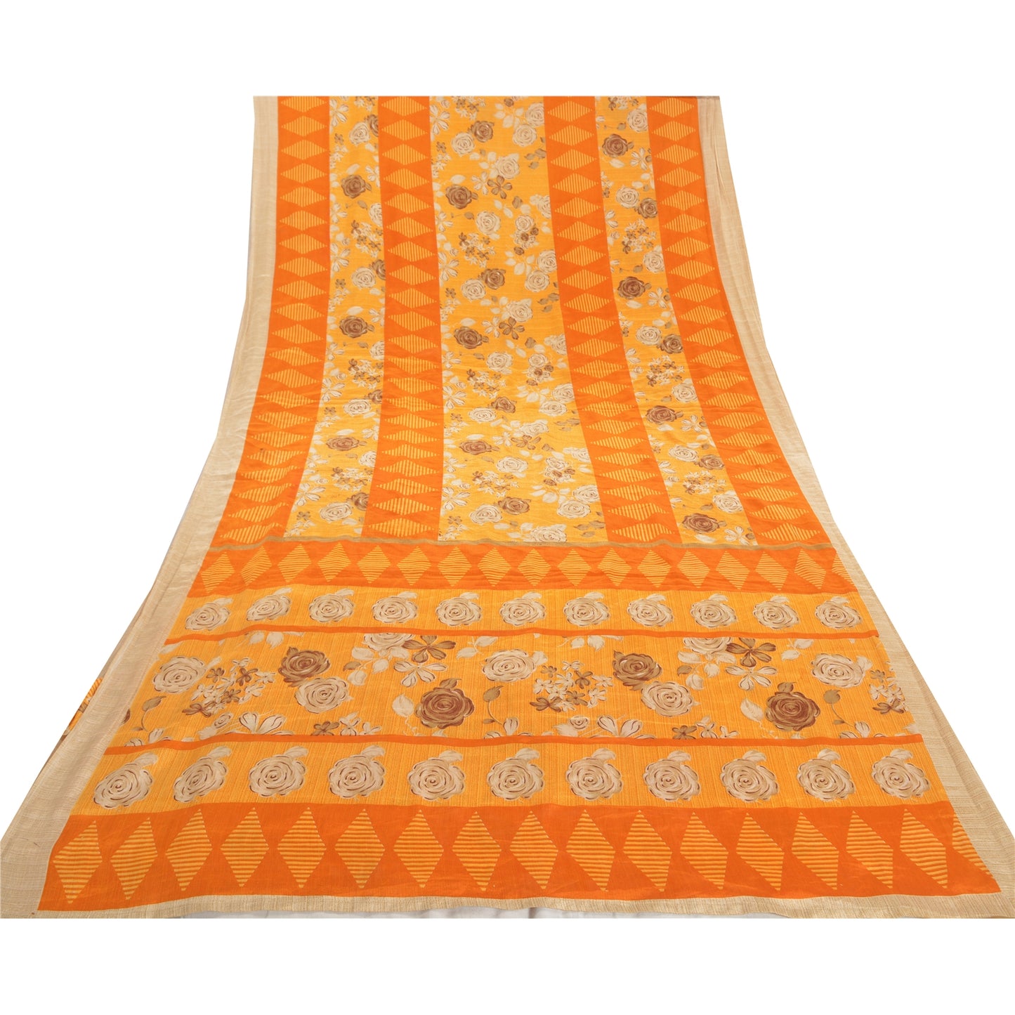 Sanskriti Vintage Yellow Sarees Moss Crepe Floral Printed Craft Sustainable Fabric Sari