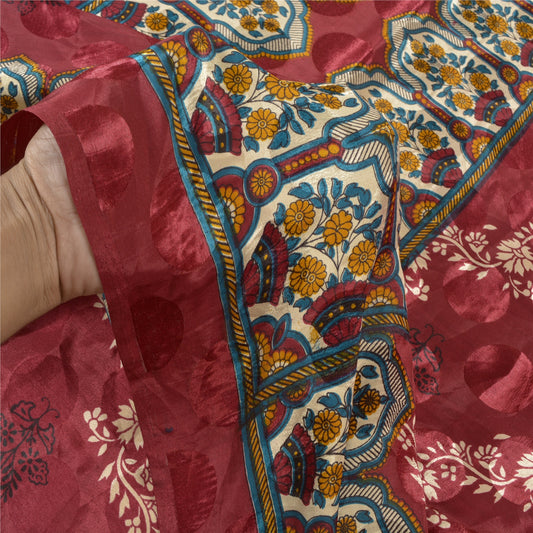 Sanskriti Vintage Dark Red Sarees Moss Crepe Floral Printed Craft Sustainable Fabric Sari