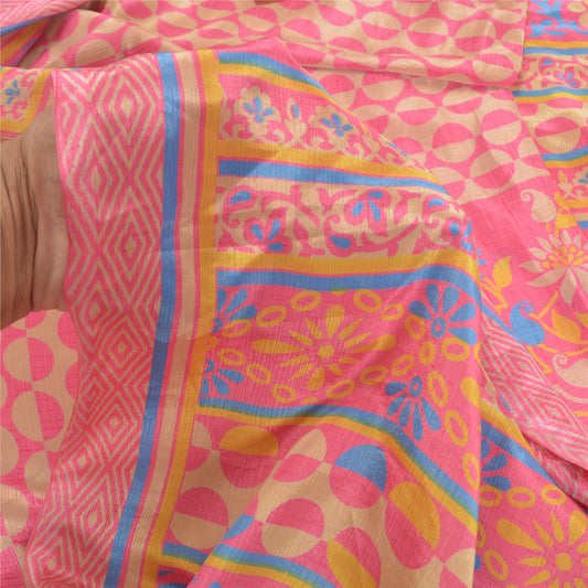 Sanskriti Vintage Pink Sarees Moss Crepe Floral Printed Craft Sustainable Fabric Sari