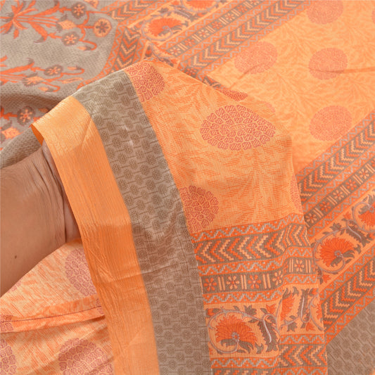 Sanskriti Vintage Orange Sarees Moss Crepe Floral Printed Craft Sustainable Fabric Sari