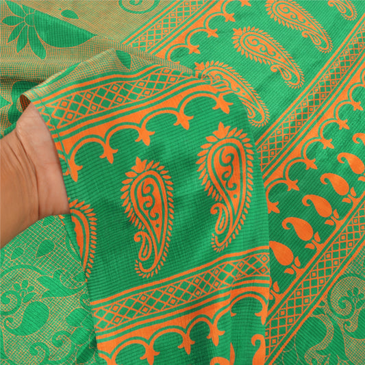 Sanskriti Vintage Green Sarees Moss Crepe Floral Printed Craft Sustainable Fabric Sari